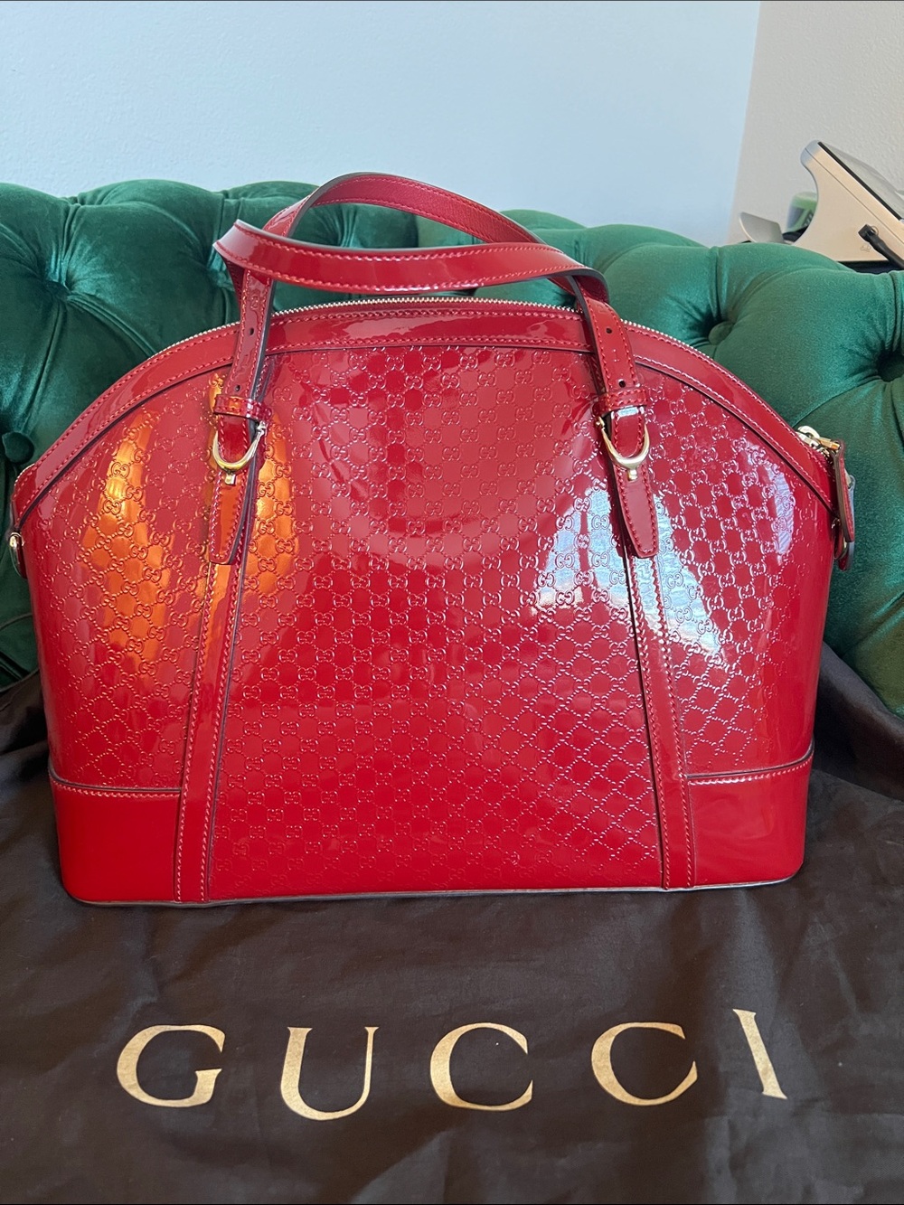 Gucci Glossy Red Patent GG Embossed Dome Tote